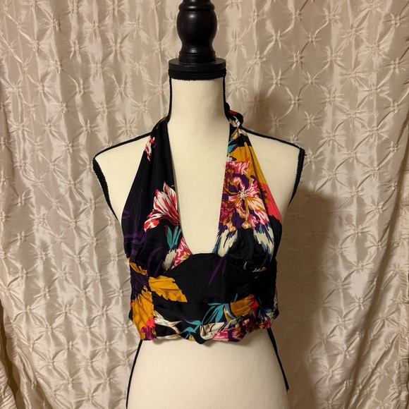 Free People Seraphina Floral Halter Top in Black Combo Multicolor Cropped Wrap - Picture 3 of 15